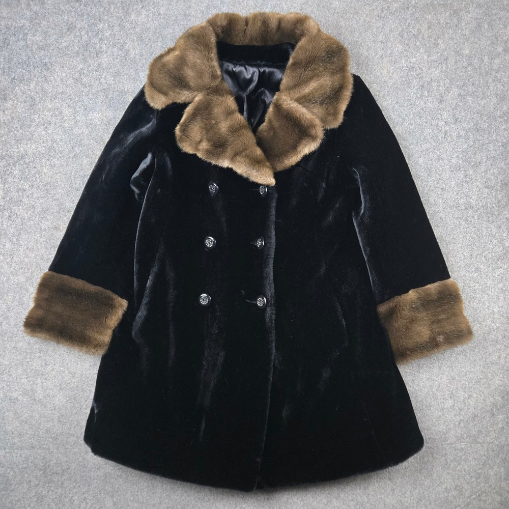 Vtg Borgaza Faux‎ Fur Coat Womens M Black Velvet Double Breasted Luxury Chic 70s